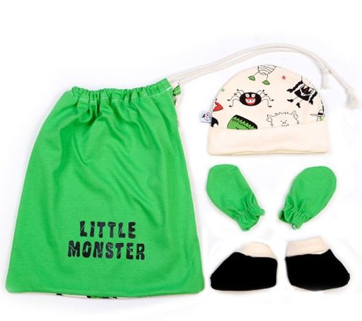 Primera puesta bebé Little Monster: gorro, manoplas y peucos